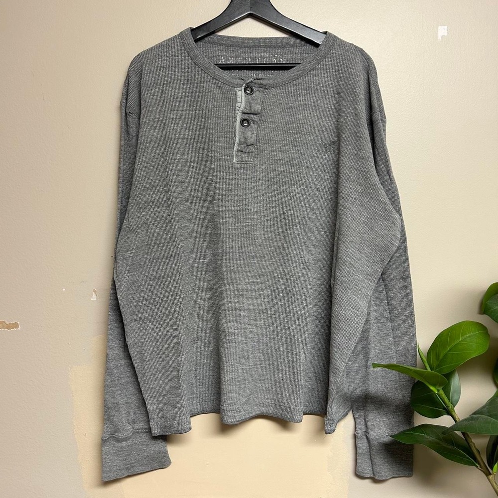 American Eagle Mens XL Grey Waffle Knit Henley Thermal Shirt Y2K Long Sleeve